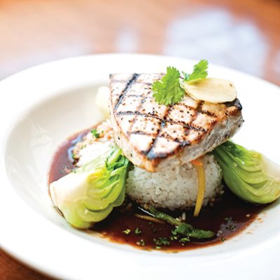 Grilled Swordfish with Asian Vegetables, Sticky Rice & Hoisin Drizzle