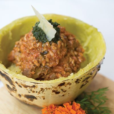 Wild Boar Spaghetti Squash Bolognese with Carrot Green Pesto