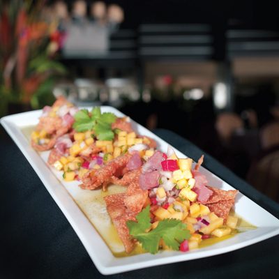 Yellow Fin Tuna Nachos with Mango Salsa & Soy Citrus Glaze