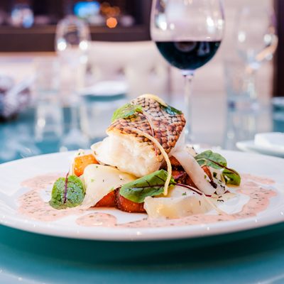 Seabass with Chorizo Hash & Watermelon “Gazpacho”